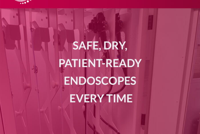 Close-up of flexible endoscopes inside a secure, ventilated endoscope drying cabinet
