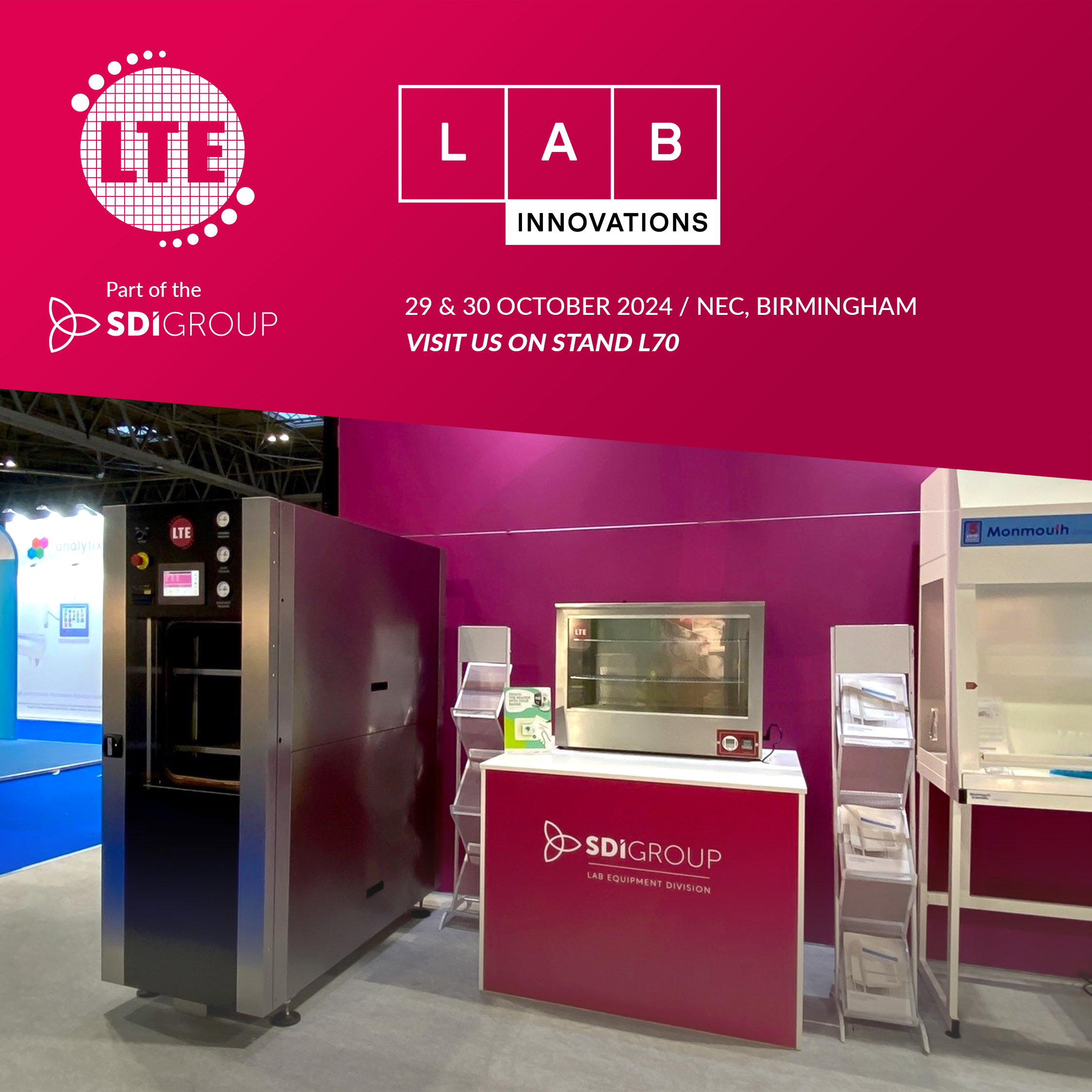 LTE Scientific exhibiting Labclave-L autoclave and Eco-Drying Cabinet at Lab Innovations 2024